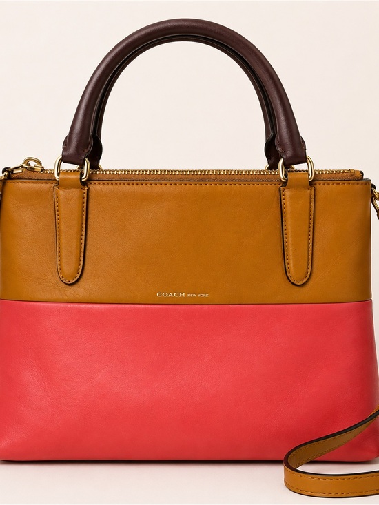 Coach Handbags - Coach Colorblock Leather Satchel – Coral, Tan & Dark Brown Handles